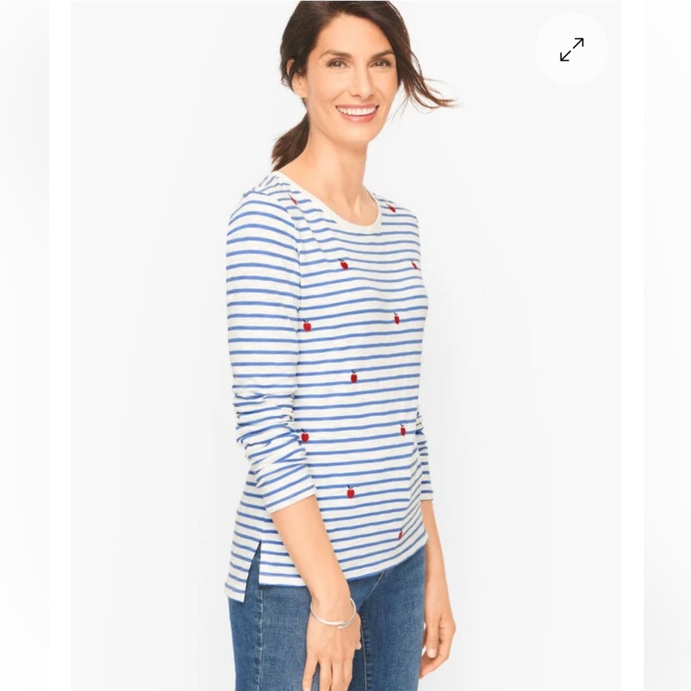 Talbots Striped T-Shirt XL Long Sleeve Cotton Crewneck Tee Embroidered Apples